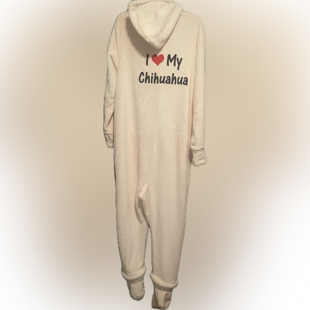 Cream Woman’s One Piece Pajamas with I ❤️my Chihuahua Printed on the back.